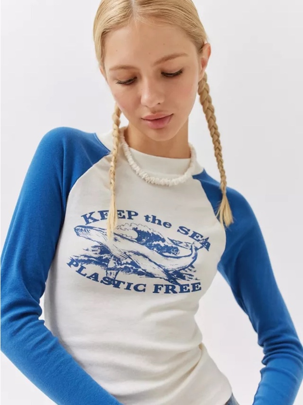 Urban Outfitters White Body Blue Raglan 'Keep the Sea' Long-Sleeve Tee